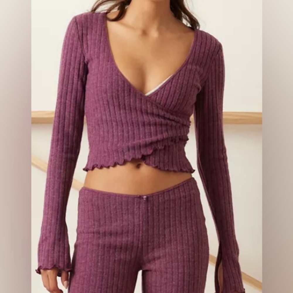 Out From Under Lila Brushed Rib Wrap Top Burgundy. Brand New with Tags.